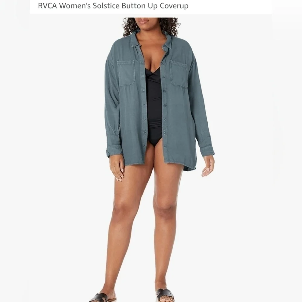 RVCA WOMEN'S SOLSTICE BUTTON - UP COVERUP. GREY. SIZE SMALL.
